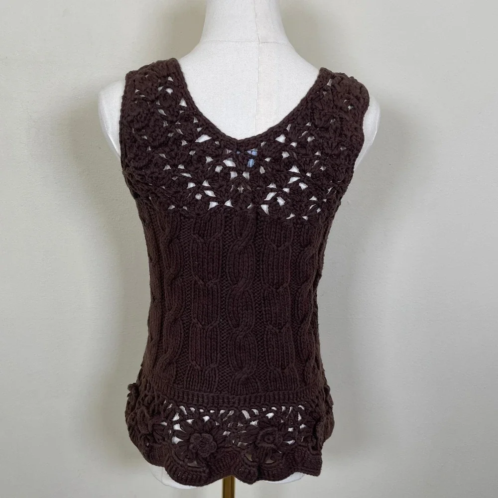 Vintage Nellik Crochet Lace Up Vest Women XS Brown Knit Floral Boho Festival Y2K